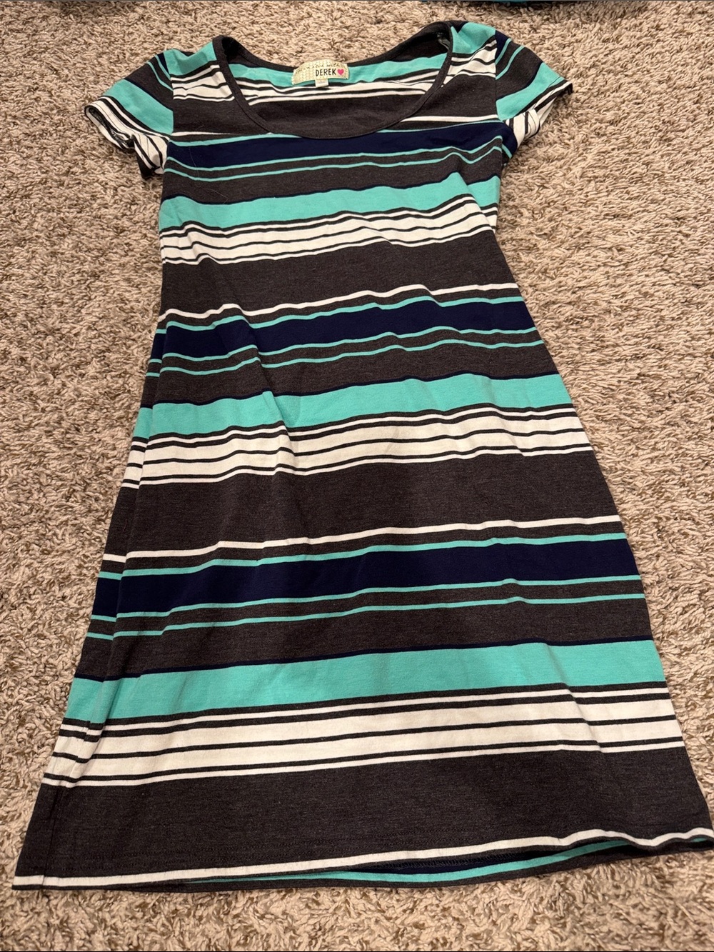 Derek Heart Striped Scoop-Neck Mini Dress in Teal, Black & White